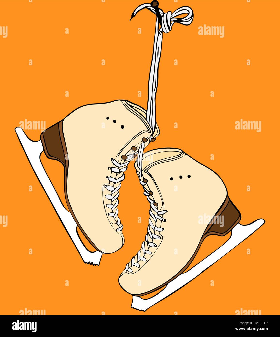 Une paire de patins pour femmes en cuir jaune figure skating suspendu à un clou, l'équipement de sport peintes sur un fond orange Illustration de Vecteur