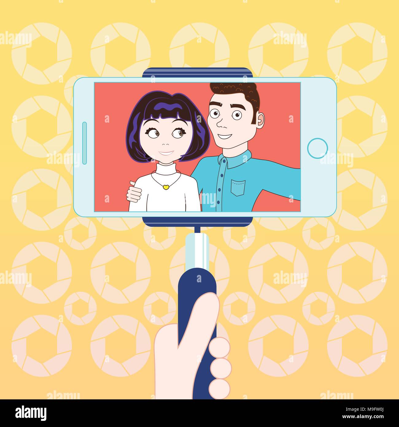 Jeune homme et femme prendre Photo avec Selfies Smart Phone et stick Illustration de Vecteur