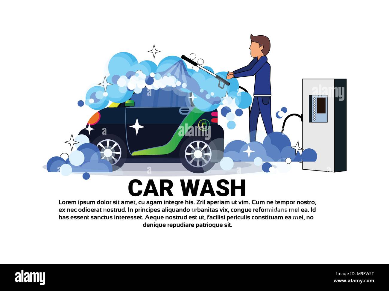 Man Washing Car sur le Service Bannière sur fond de l'espace de copie Illustration de Vecteur