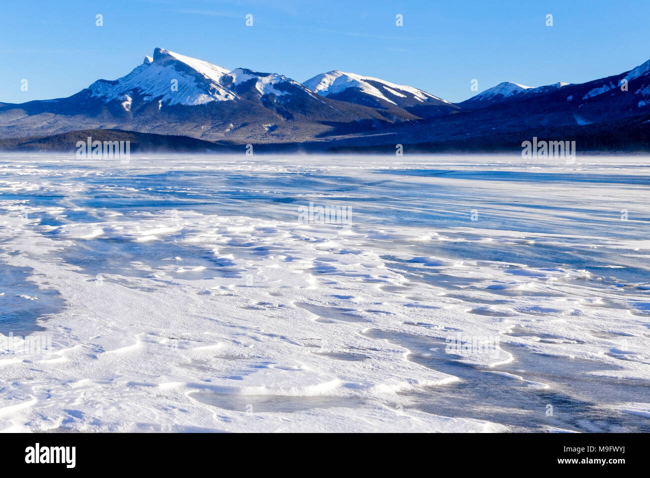 42 747,08360 froid hiver neige paysage de neige a balayé le lac Abraham, congelé, les montagnes du lac Blue Ice background, Nordegg, Alberta Canada, Amérique du Nord Banque D'Images