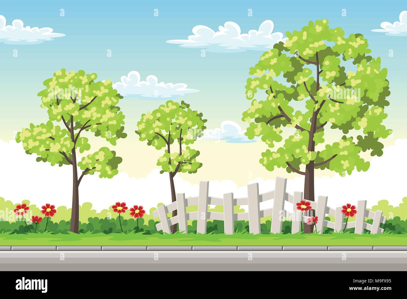 Paysage d'été avec des arbres et des fleurs Illustration de Vecteur