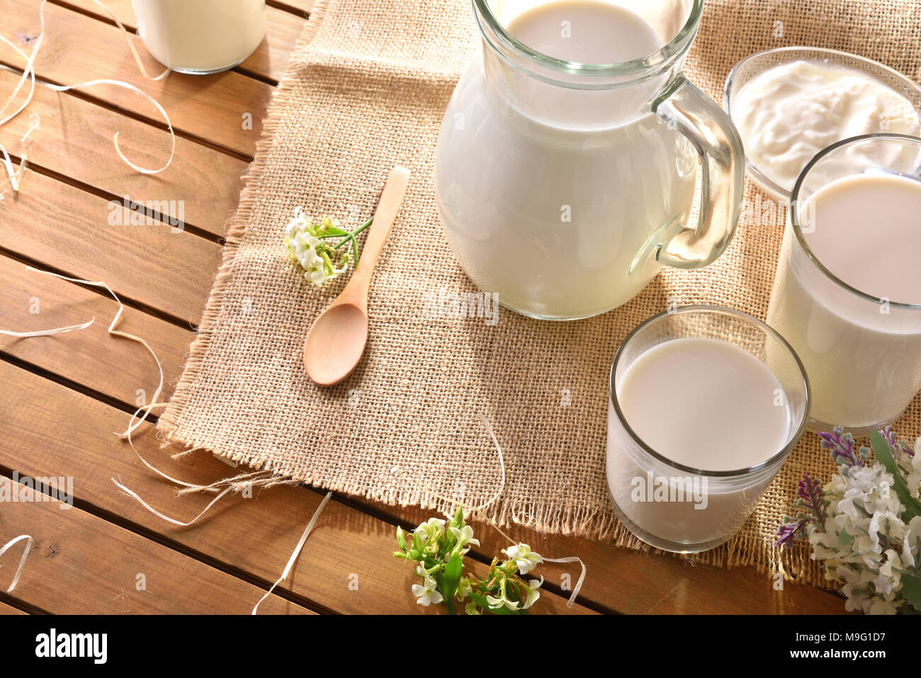 Verres et pichet avec le lait de vache sur la toile cirée sur une table en bois avec fleurs décoratives piscine dans la nature. Composition horizontale. Banque D'Images