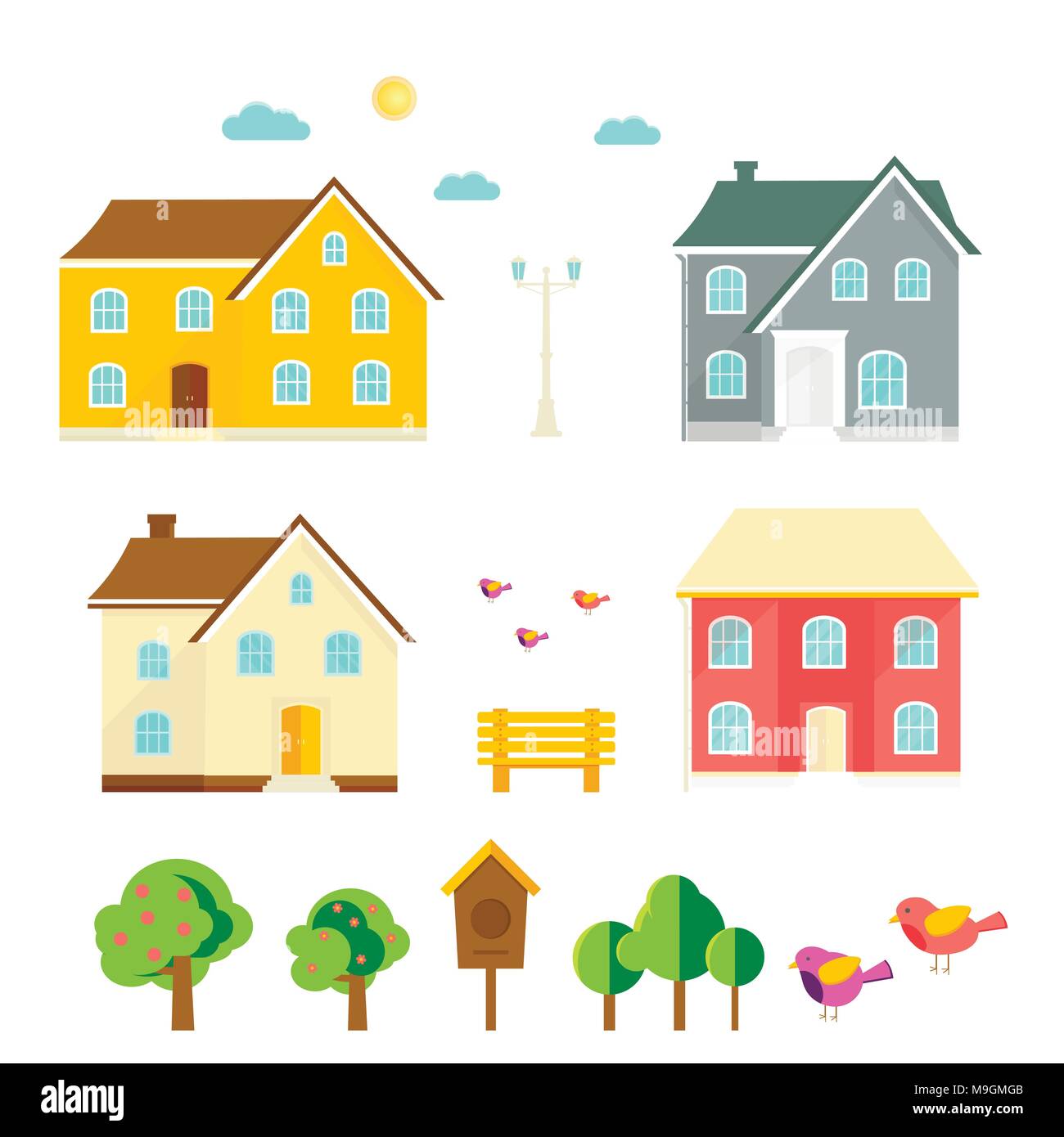 Résumé fond printemps avec maison confortable, maison, chalet, arbres, fleurs, banc, cabane. Bâtiment moderne à louer ou vendre. Modèle plat terrain urbain Illustration de Vecteur