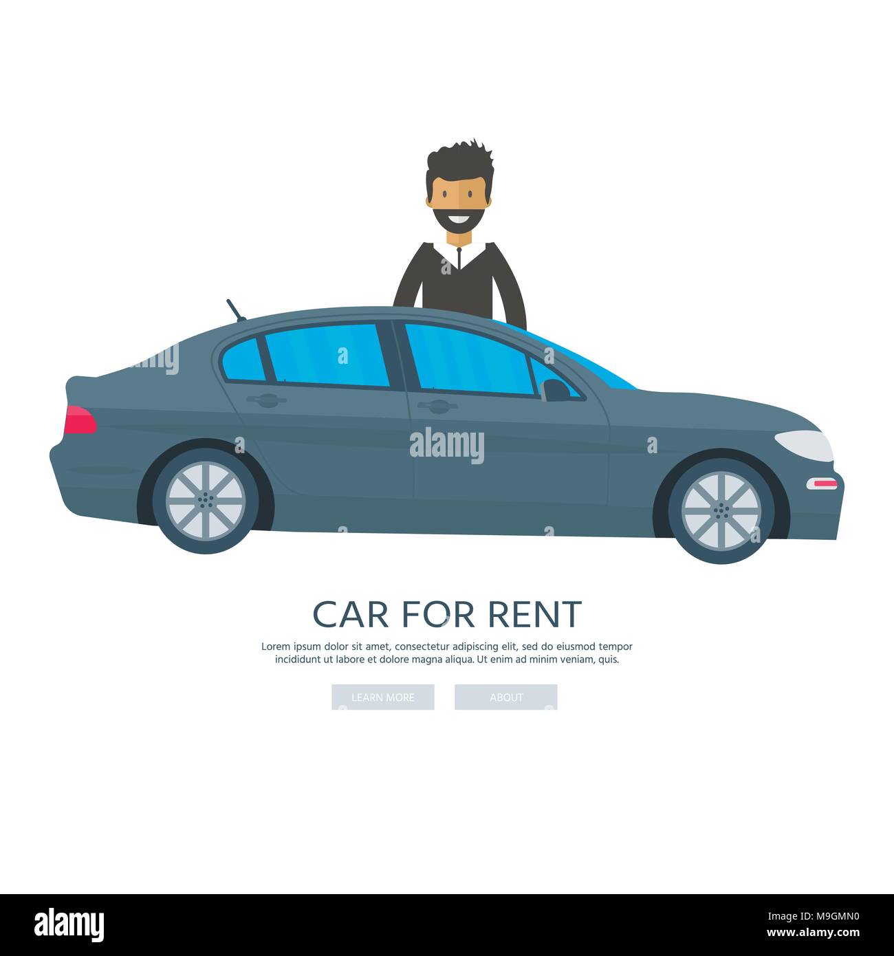 Bannière pour ventes, publicité maison, un chalet à louer une voiture et l'homme. Offre d'achat de maison. Location de biens immobiliers. Design plat, vecteur, paysage urbain. Illustration de Vecteur