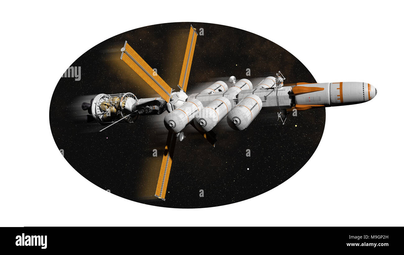 Vaisseau spatial volant à fond blanc, isolé fusée design (3d) l'illustration de science-fiction Banque D'Images