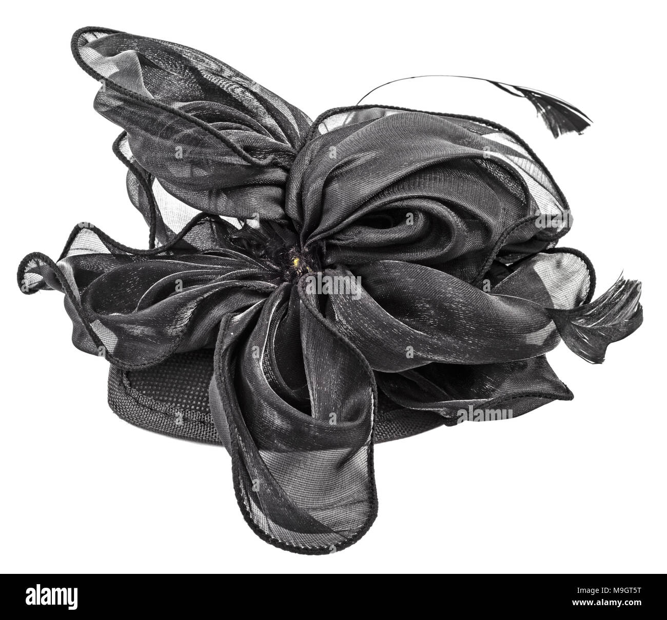 La main noire avec broche en forme de fleurs en rubans de soie isolé sur fond blanc. Banque D'Images