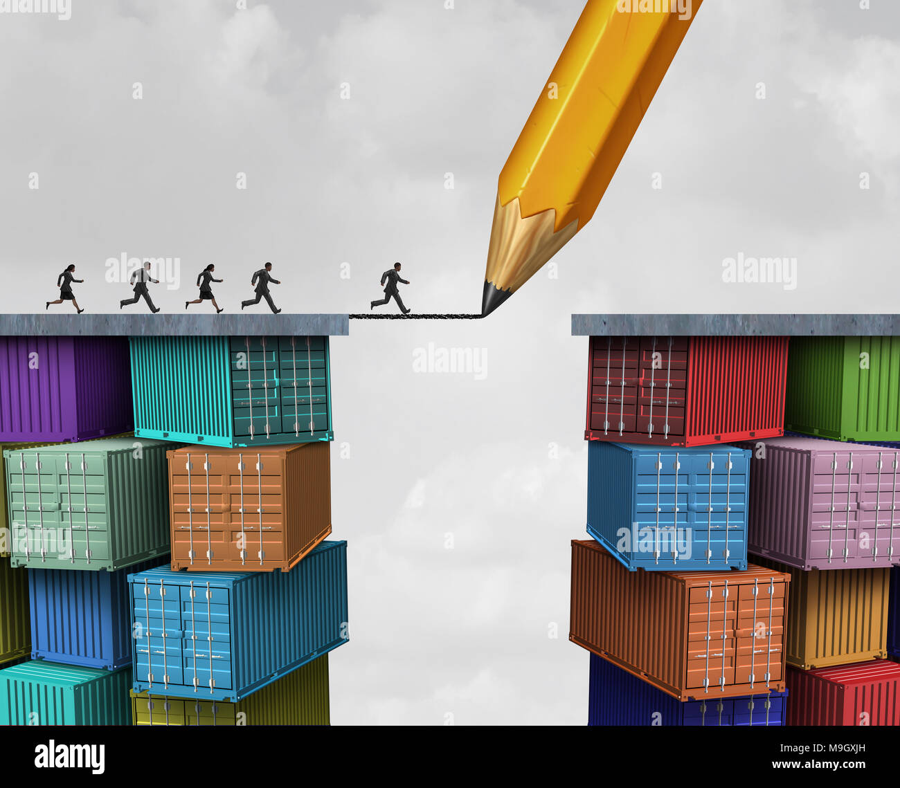 Le commerce mondial et l'expédition d'affaires pont économique concept comme un dessin au crayon sur les conteneurs pour la création d'un lien commercial. Banque D'Images