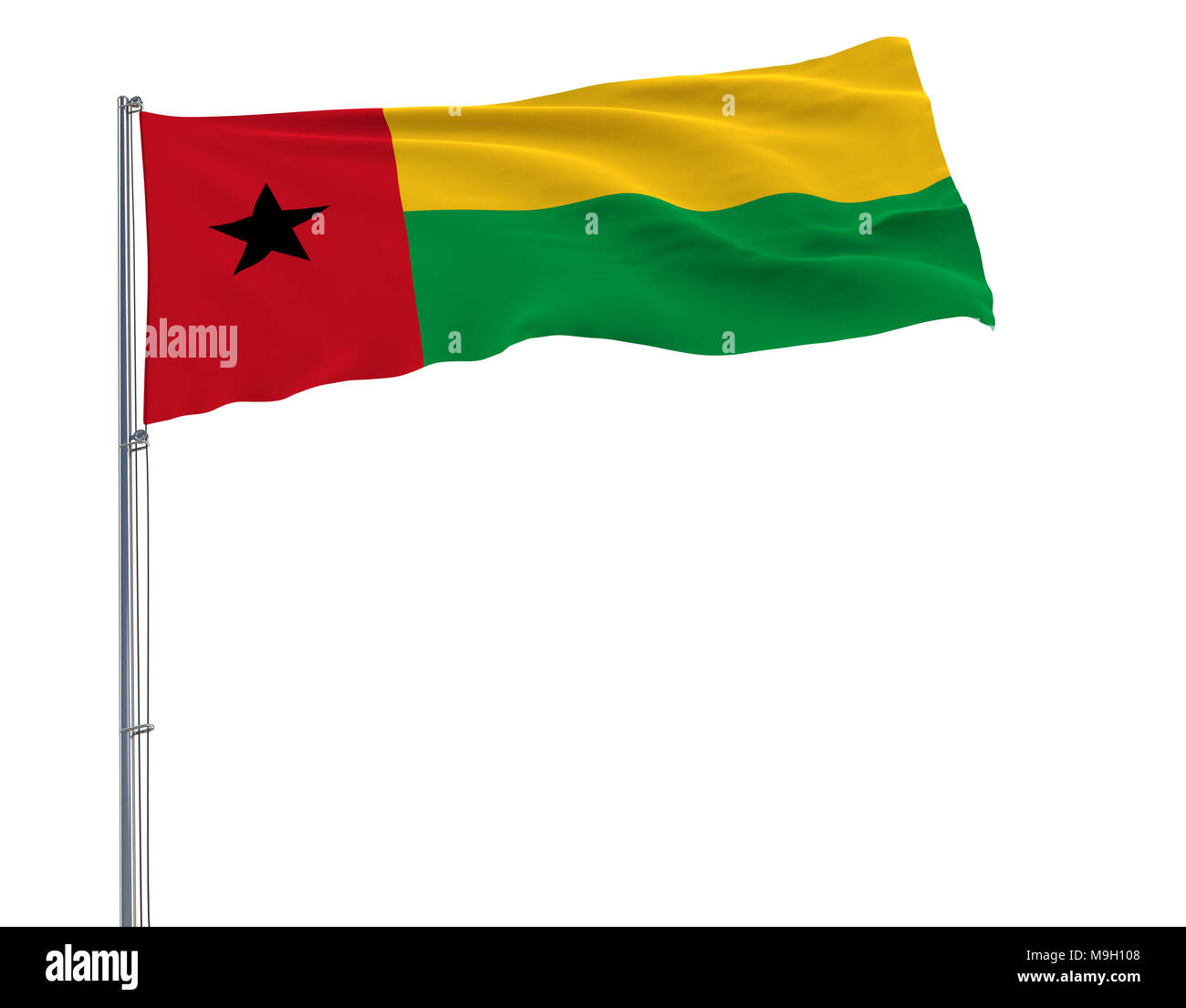 Isoler le drapeau civil de Guinée Bissau sur un mât voltigeant dans le vent sur un fond blanc, 3D Rendering Banque D'Images