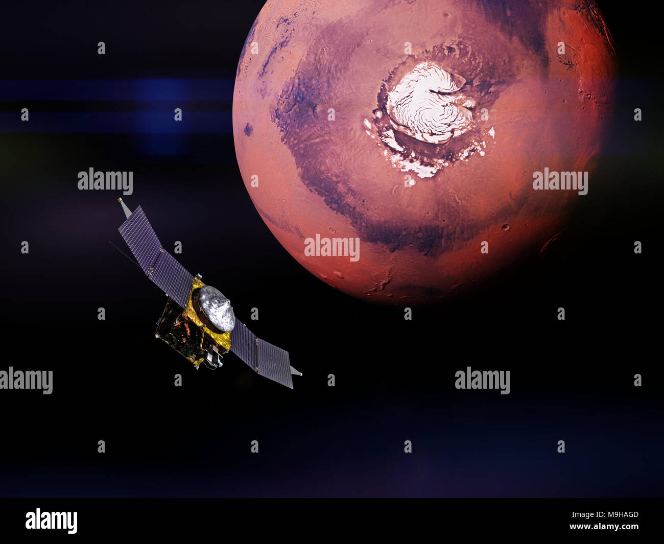Sonde spatiale MAVEN en face de la Mars pôle sud Banque D'Images