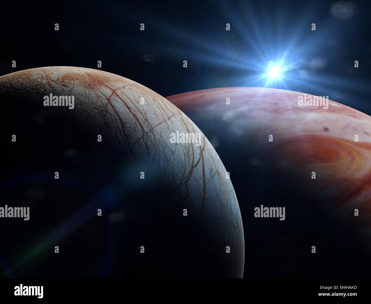 La lune de Jupiter Europa en face de la planète Jupiter Banque D'Images