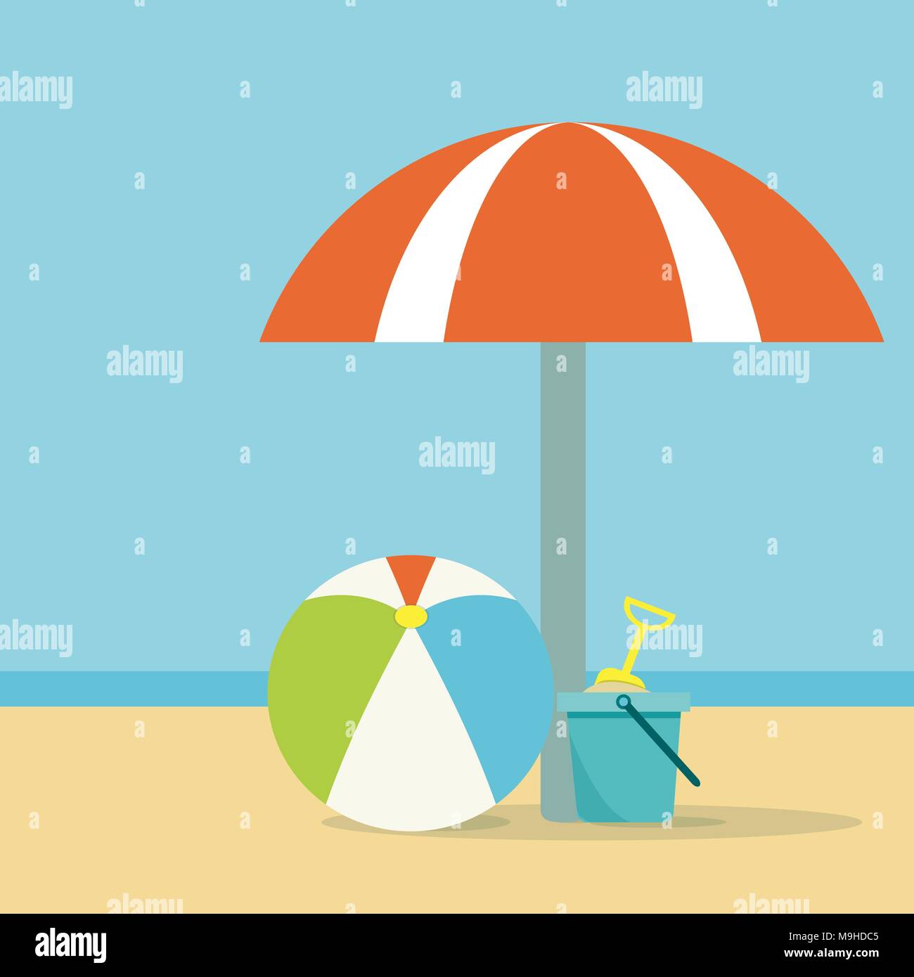 Parasol, ballon et un seau avec une pelle sur fond de mer Illustration de Vecteur