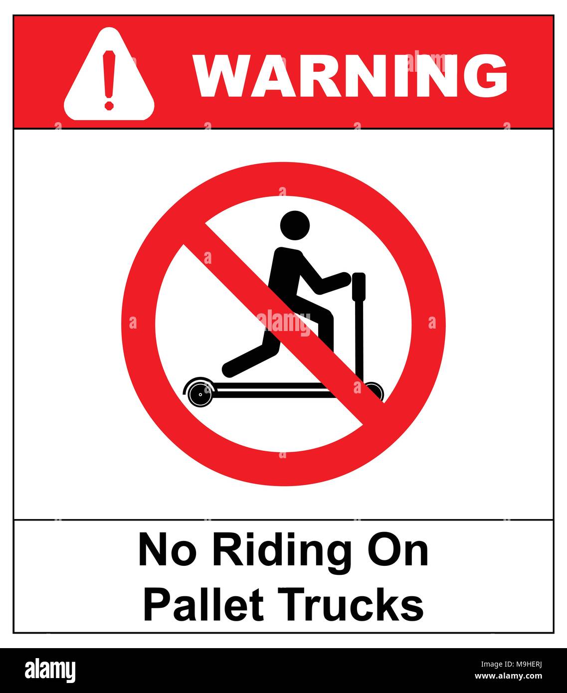 Équitation sur des transpalettes est interdit symbole. Signes de santé et de sécurité au travail. Ne pas monter sur les camions. Vector illustration isolé sur blanc. Bannière d'avertissement Illustration de Vecteur