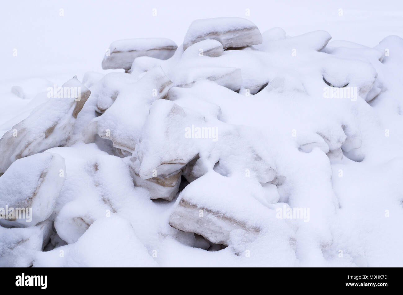 Pile de blocs de glace fondante recroquevillés de neige. saisonnier, l'arrière-plan, la nature. Banque D'Images