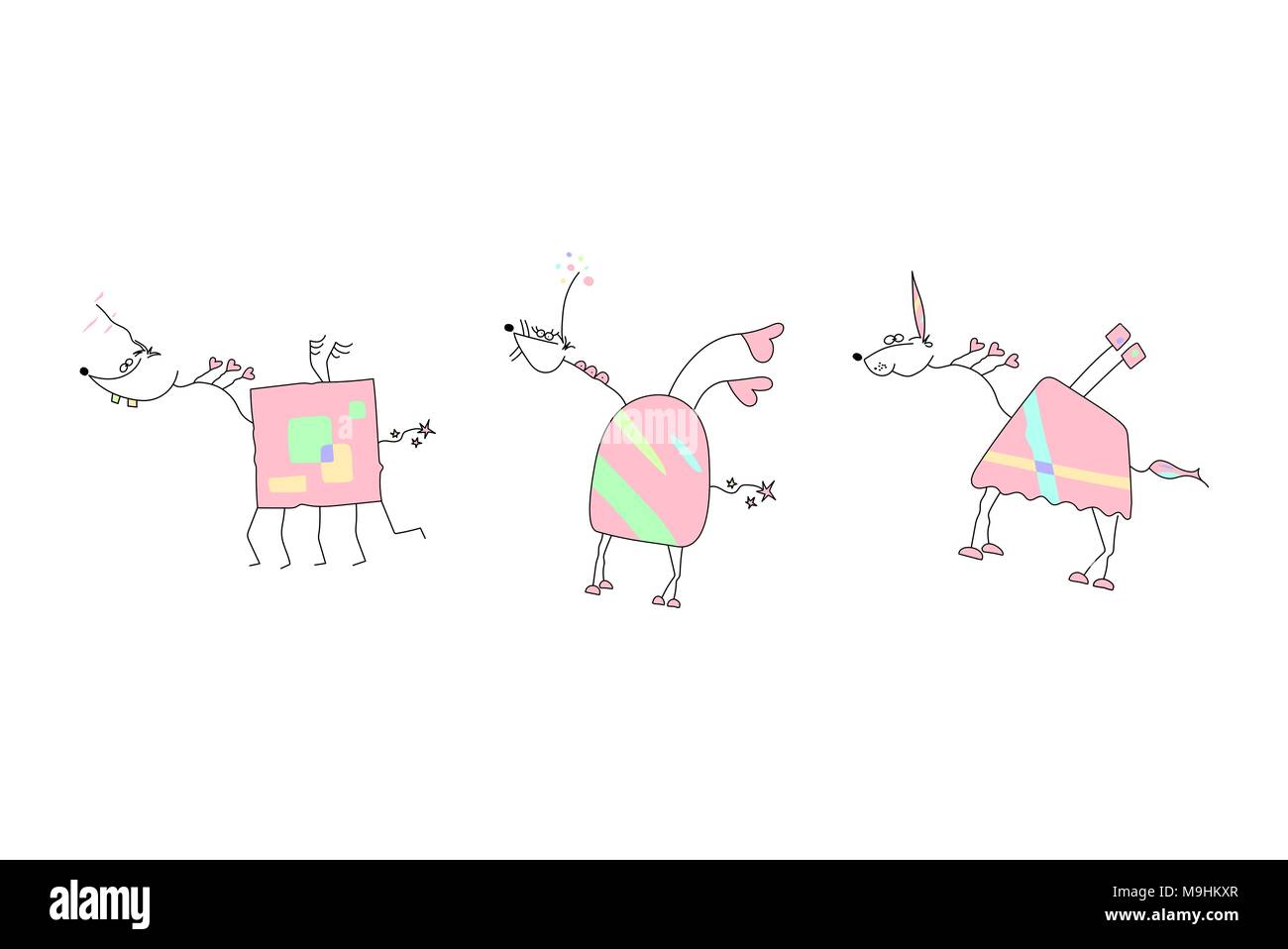 Troupeau de licornes roses avec des ailes et de l'avertisseur sonore - Illustration Vecteur Doodle d'un Unicorn dessinés à la main, croquis Illustration de Vecteur