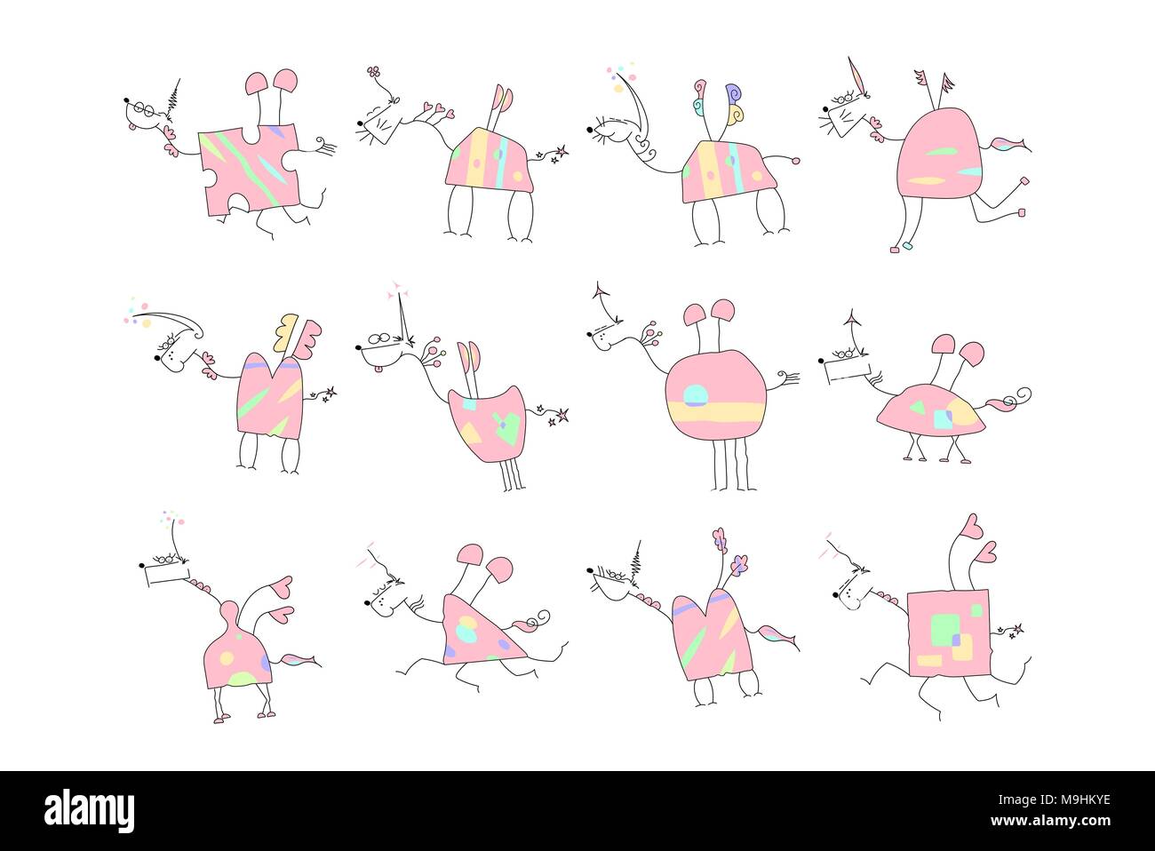 Troupeau de licornes roses avec des ailes et de l'avertisseur sonore - Illustration Vecteur Doodle d'un Unicorn dessinés à la main, croquis Illustration de Vecteur