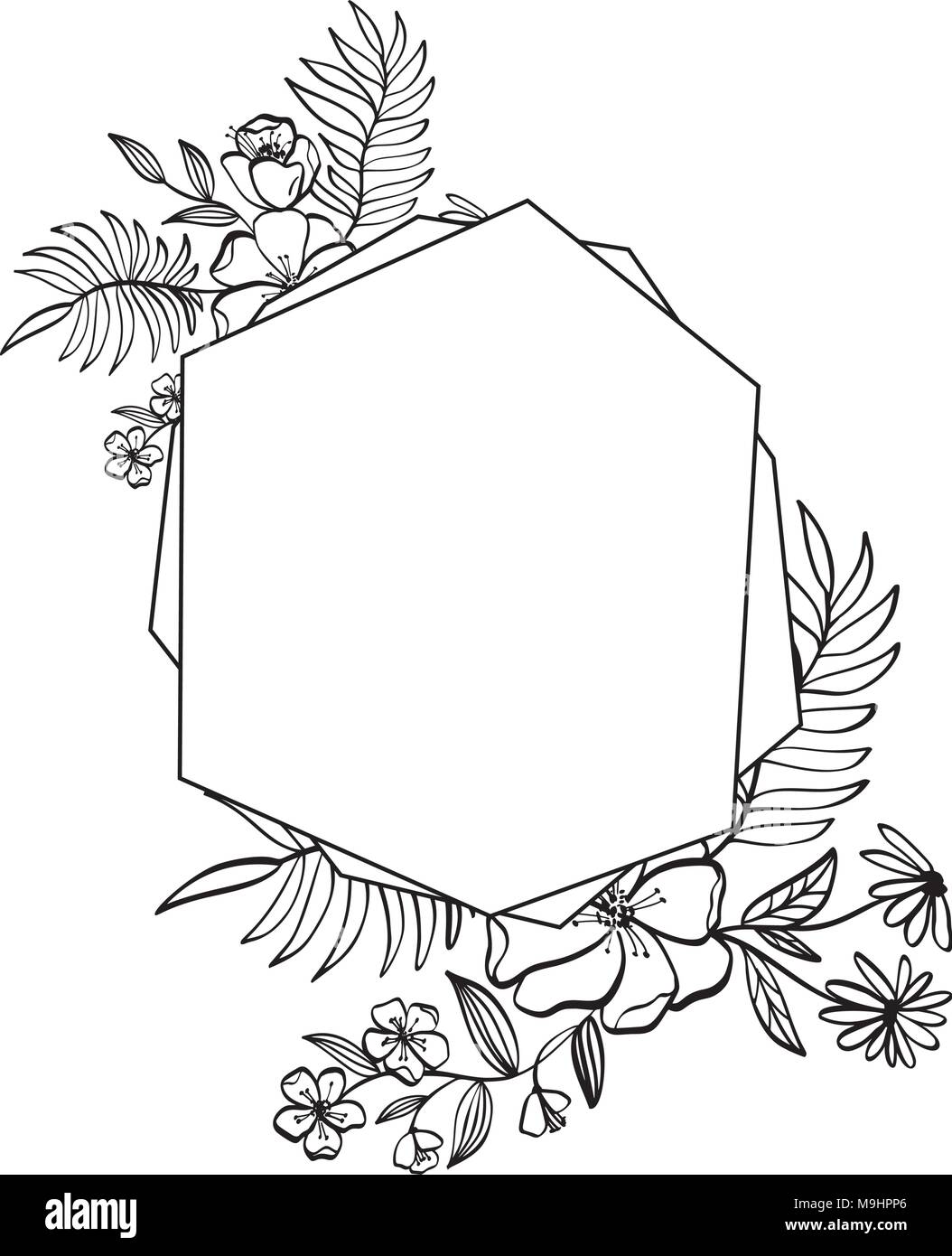 Floral frame graphiques géométrie. Les feuilles et fleurs en vecteur mignon vignette isolé sur fond noir. D'autres décorations de mariage Illustration de Vecteur