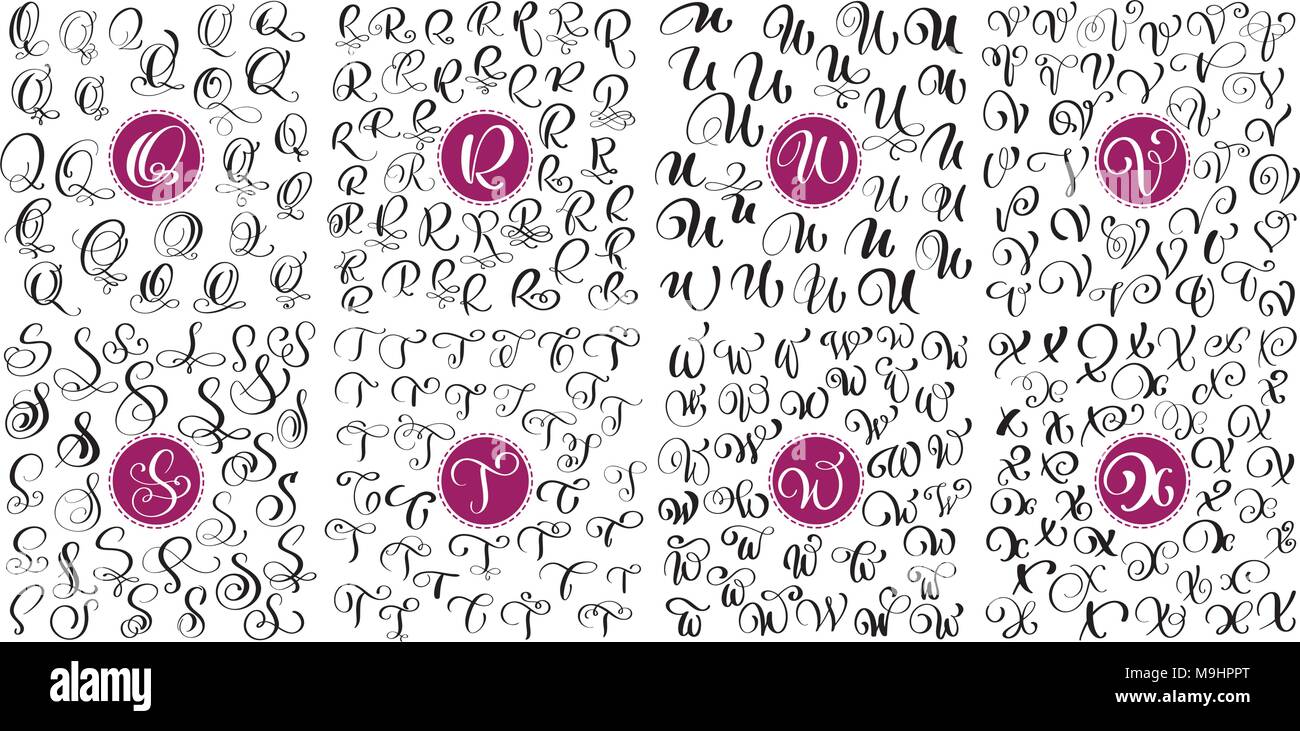 Définir lettre Q, R, S, T, U, V, W, X Hand drawn vector s'épanouir la calligraphie. Script. Lettres isolées avec de l'encre écrite. Brosse à la main. Lettrage à la main pour les logos packaging design poster Illustration de Vecteur