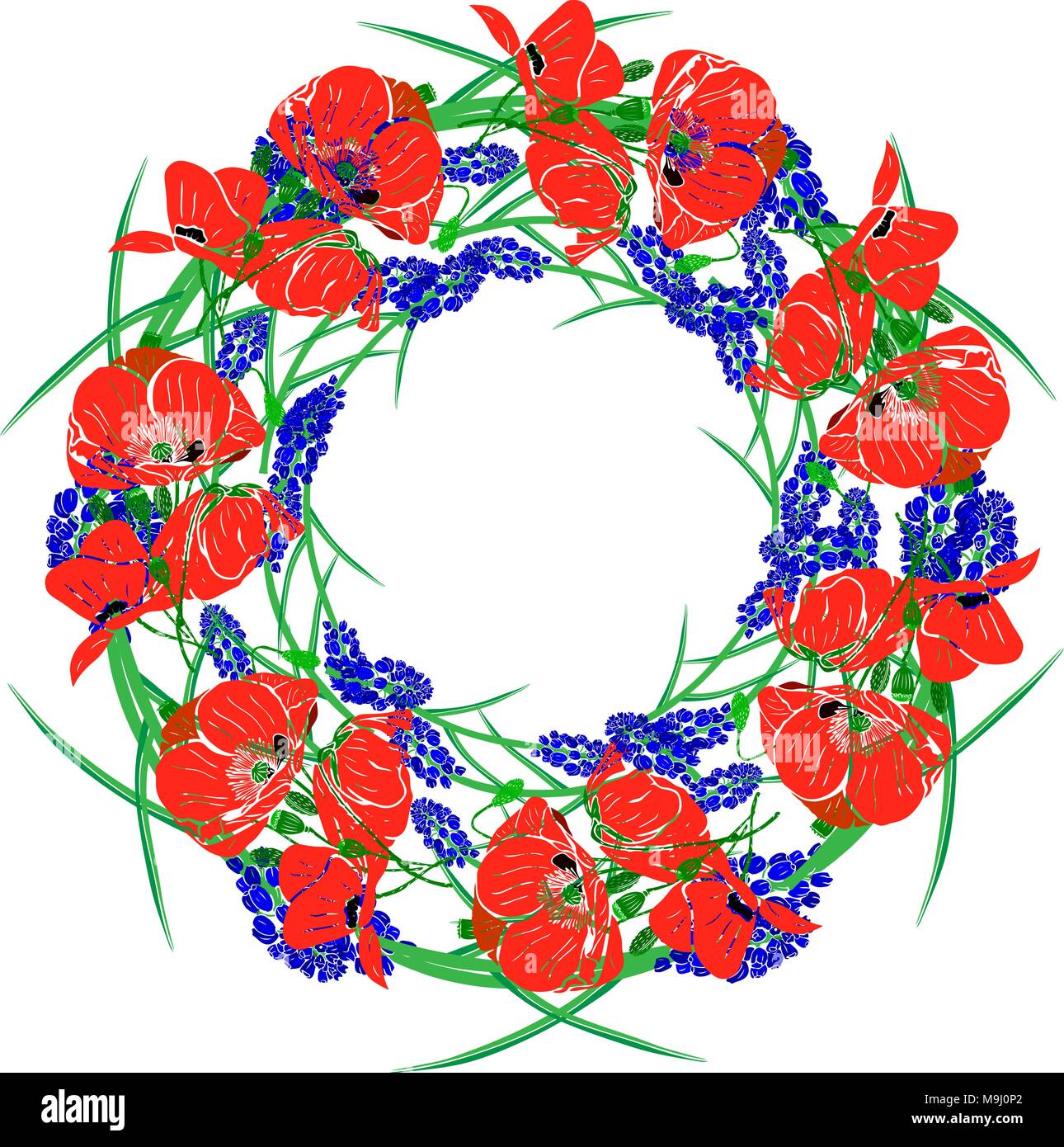 Une couronne de fleurs rouge coquelicot, vert unblown bourgeons et de jacinthes bleues isolé sur fond blanc Illustration de Vecteur