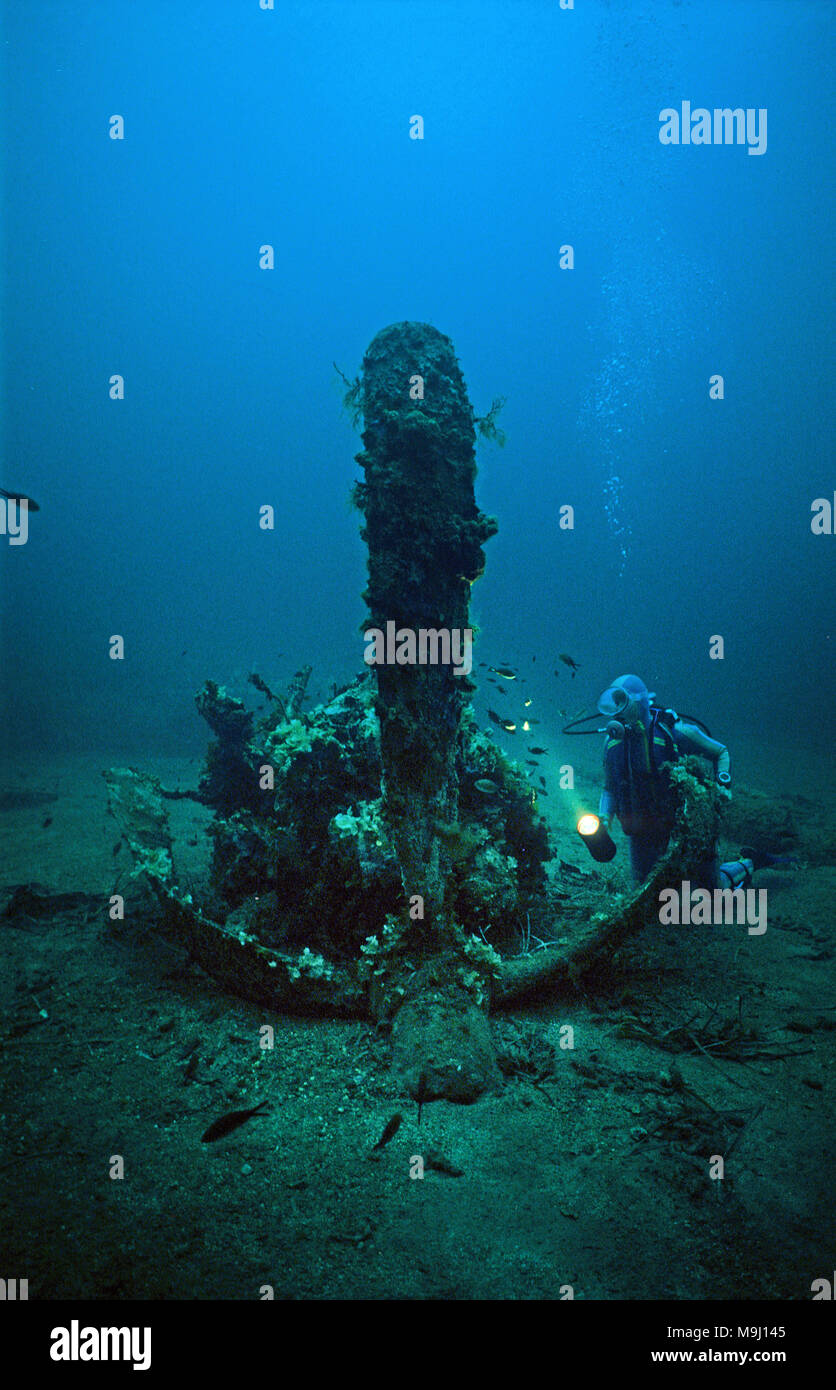 Plongée sous marine au niveau du moteur d'un avion de chasse américain P 47 Thunderbolt, enfoncés, 2e guerre mondiale, Corse, France, Europe, mer Méditerranée Banque D'Images