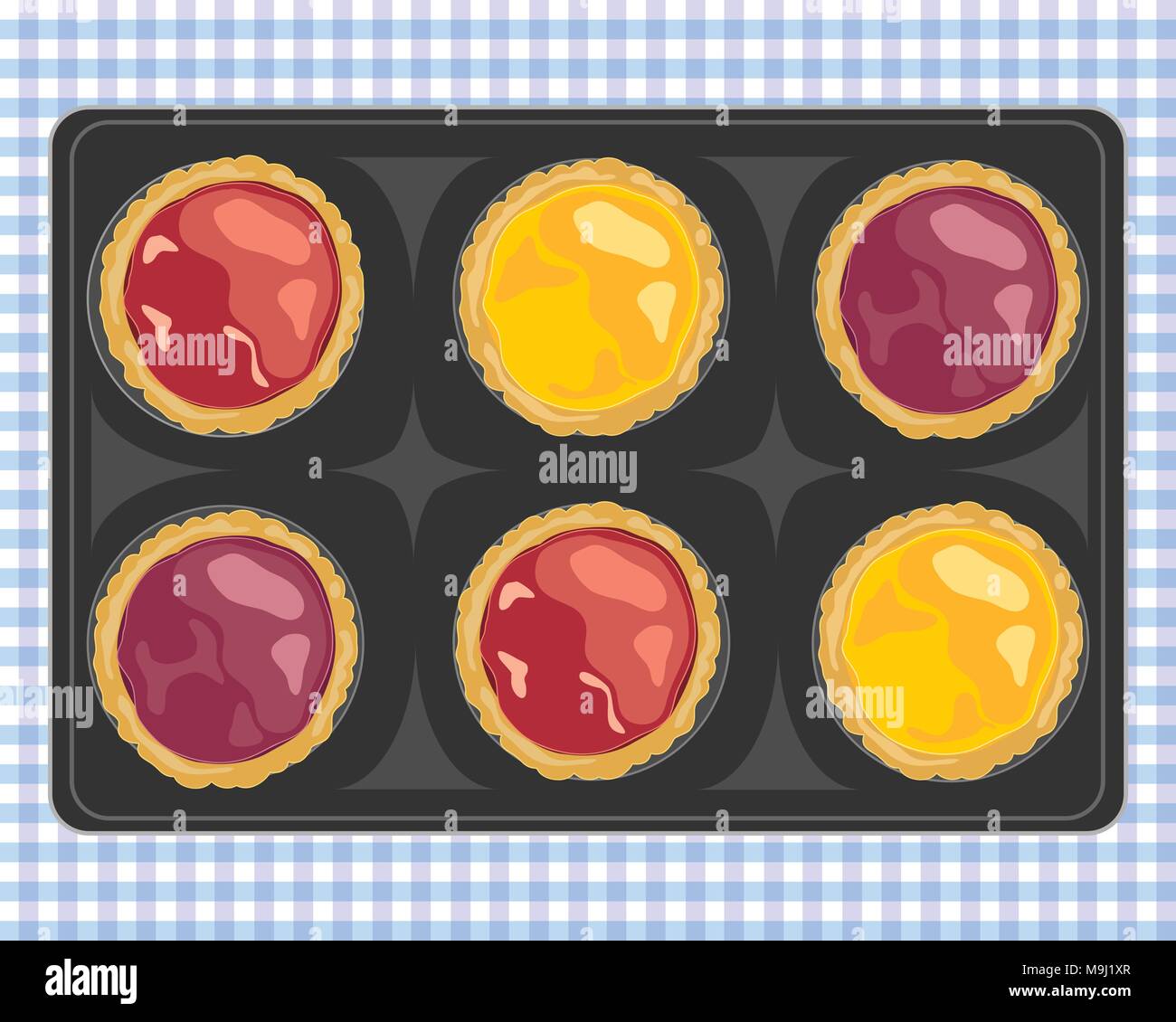 Un vecteur illustration en format eps 8 d'une barquette de fraise fraîchement sorti de prune et de tartes à la confiture de citron sur un tissu vichy bleu Illustration de Vecteur
