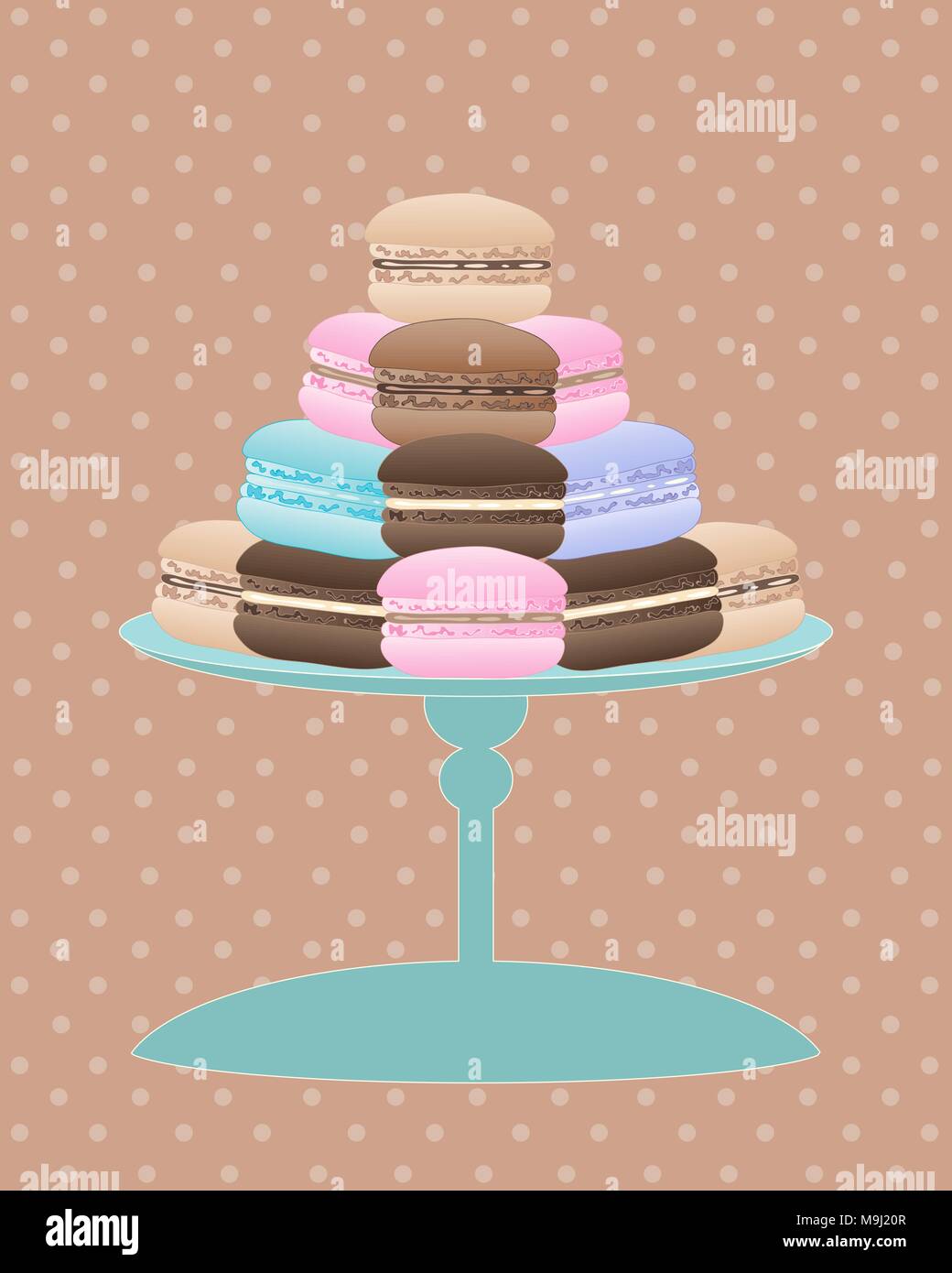 Une illustration d'un cake stand avec de délicieux macarons en vintage de couleurs sur un fond irrégulier Illustration de Vecteur