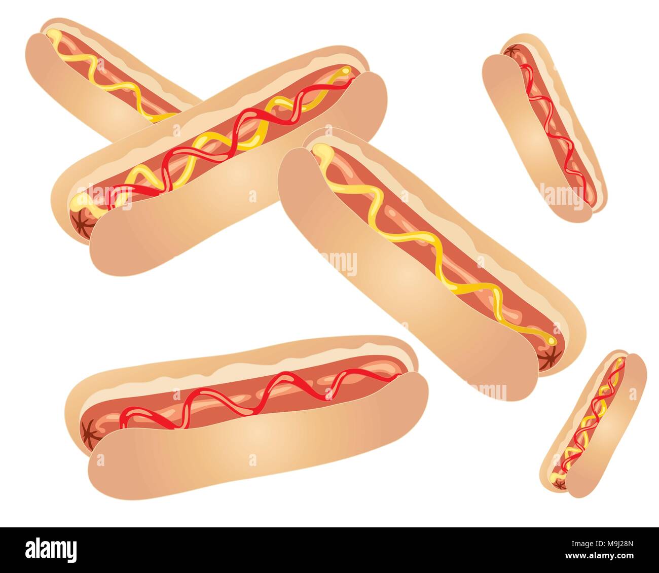 Un vecteur illustration en eps 10 format des saucisses à hot dog dans le pain brioches avec du ketchup et moutarde garnir sur fond blanc avec un espace réservé au texte Illustration de Vecteur