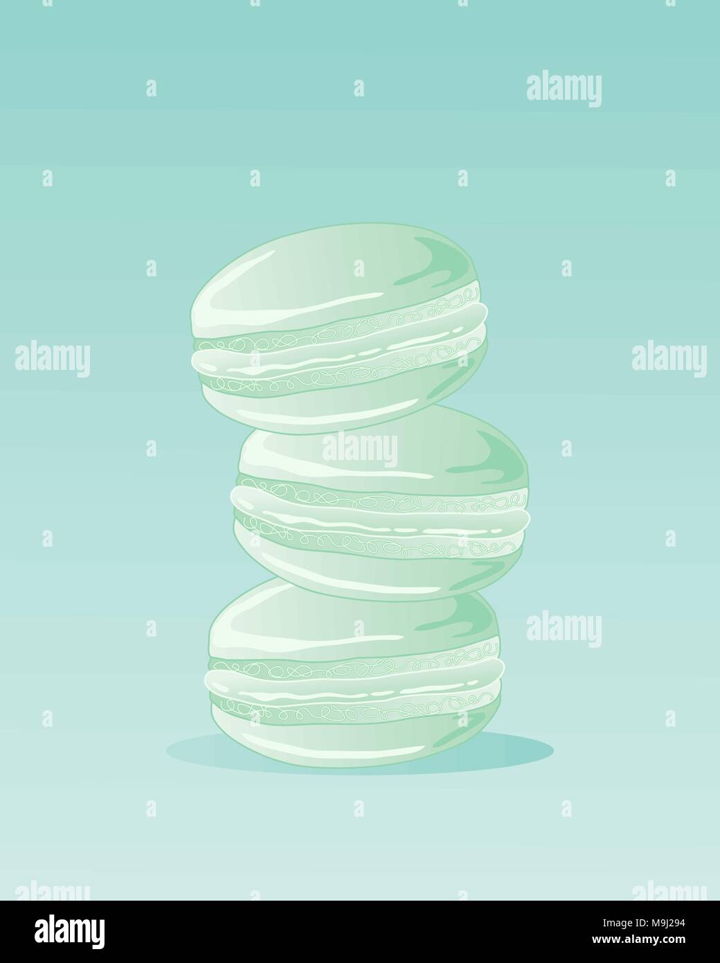 Une illustration de trois macarons à la menthe dans une pile sur un arrière-plan couleur menthe à l'espace réservé au texte Illustration de Vecteur