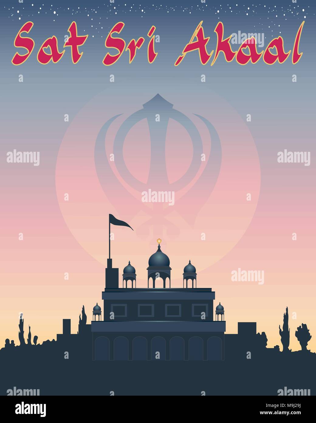 Une illustration d'un message d'sikh sat sri akaal signifie Dieu est la vérité ultime avec temple gurdwara ciel coucher de soleil sous un ciel étoilé Illustration de Vecteur