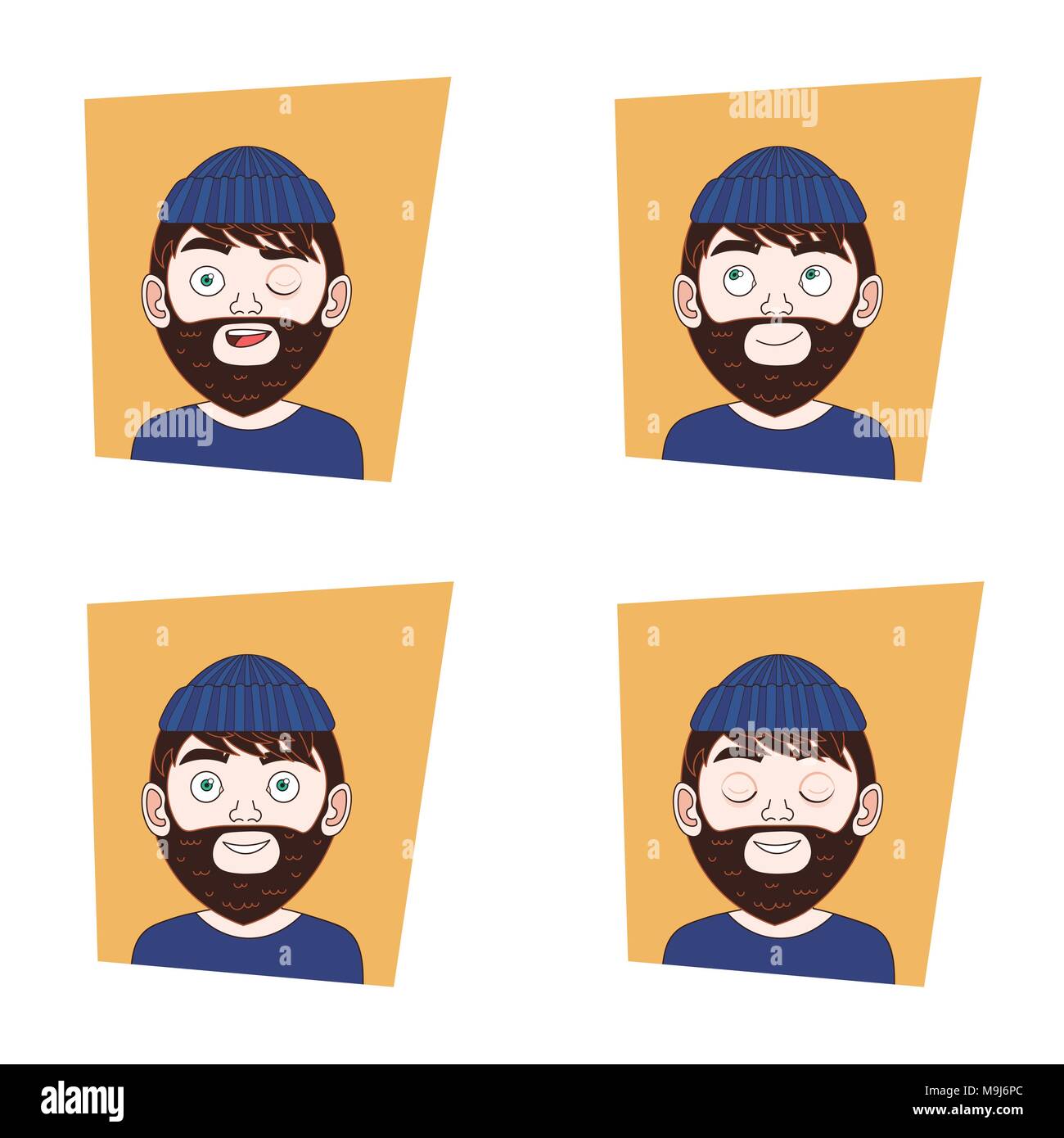 Ensemble d'homme Hipster visages avec des expressions différentes émotions Collection Icônes Barbu Illustration de Vecteur