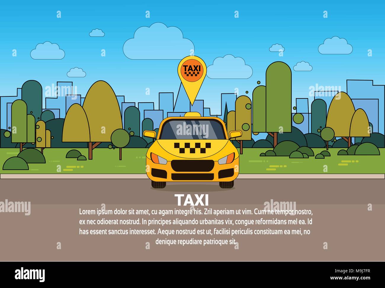 Voiture taxi jaune avec pointeur de position GPS en ligne Cab Service Concept Illustration de Vecteur