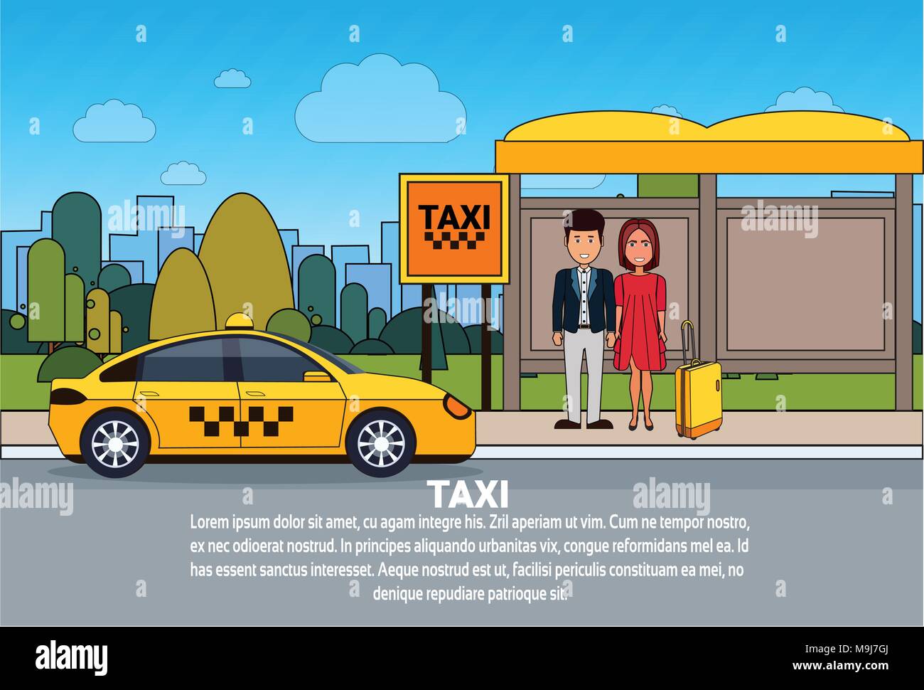 Passagers attendant sur la voiture de Taxi Cab City Station Service Transport Illustration de Vecteur