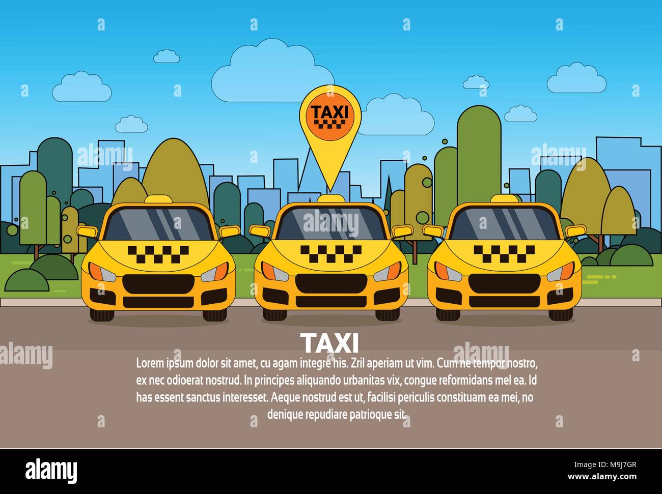 Jeu de voitures taxi jaune avec pointeur de position GPS en ligne Cab Service Concept Illustration de Vecteur