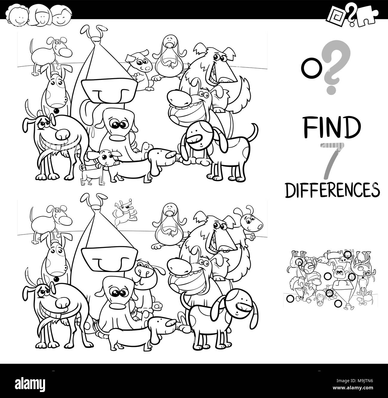 Illustration Cartoon noir et blanc de trouver sept différences entre images activité éducative pour les enfants
