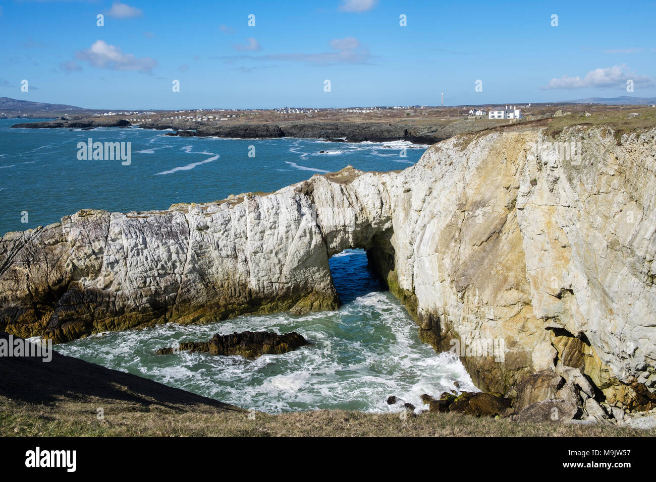 Bwa Gwyn ou arche blanche rocher naturel formé de rochers de quartzite Holyhead sur seacliffs à Penrhyn Bay. L'Île Sainte Rhoscolyn Isle of Anglesey Pays de Galles UK Banque D'Images