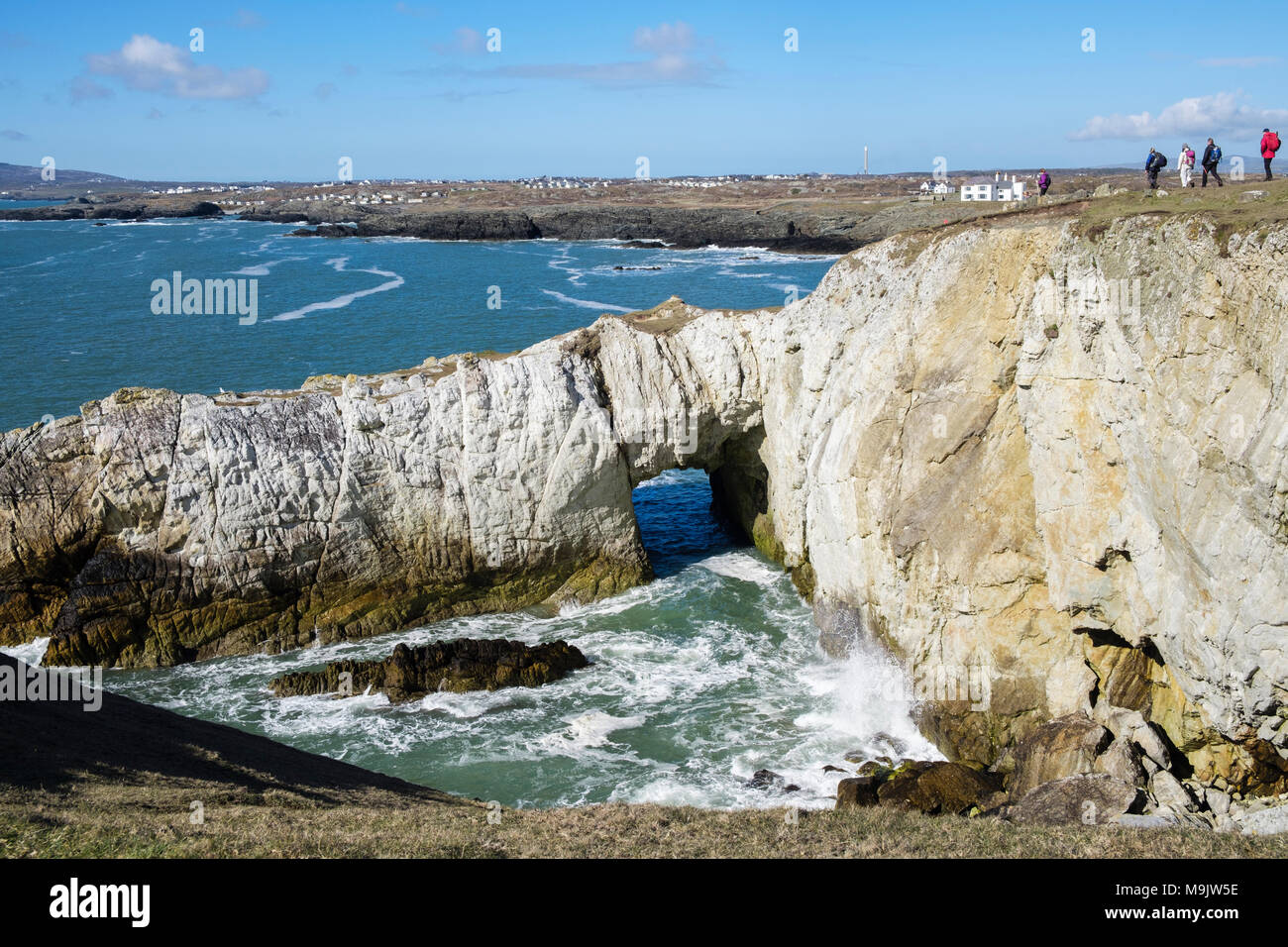 Bwa Gwyn ou arche blanche rocher naturel formé sur l'île d'Anglesey Coast Path sur seacliffs dans Geopark. L'Île Sainte Rhoscolyn Anglesey au nord du Pays de Galles UK Banque D'Images