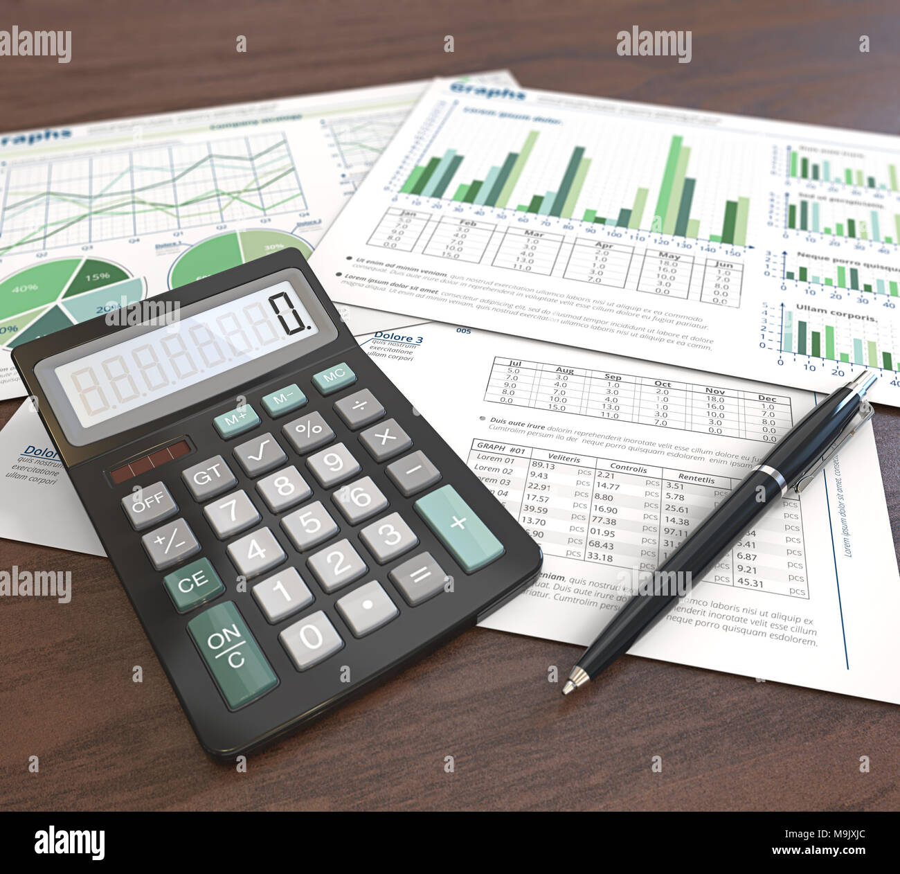 3d Illustration de documents financiers, de graphiques et de diagrammes à secteurs, sur fond de bois. Stylo et Calculatrice. La profondeur de champ. Thème vert. Banque D'Images