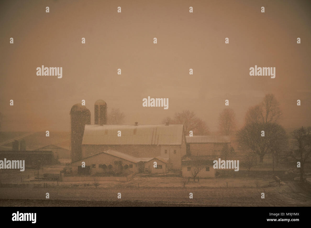 Ferme à la fin de l'hiver la neige, Amish Country, Lancaster, Pennsylvanie, USA Banque D'Images