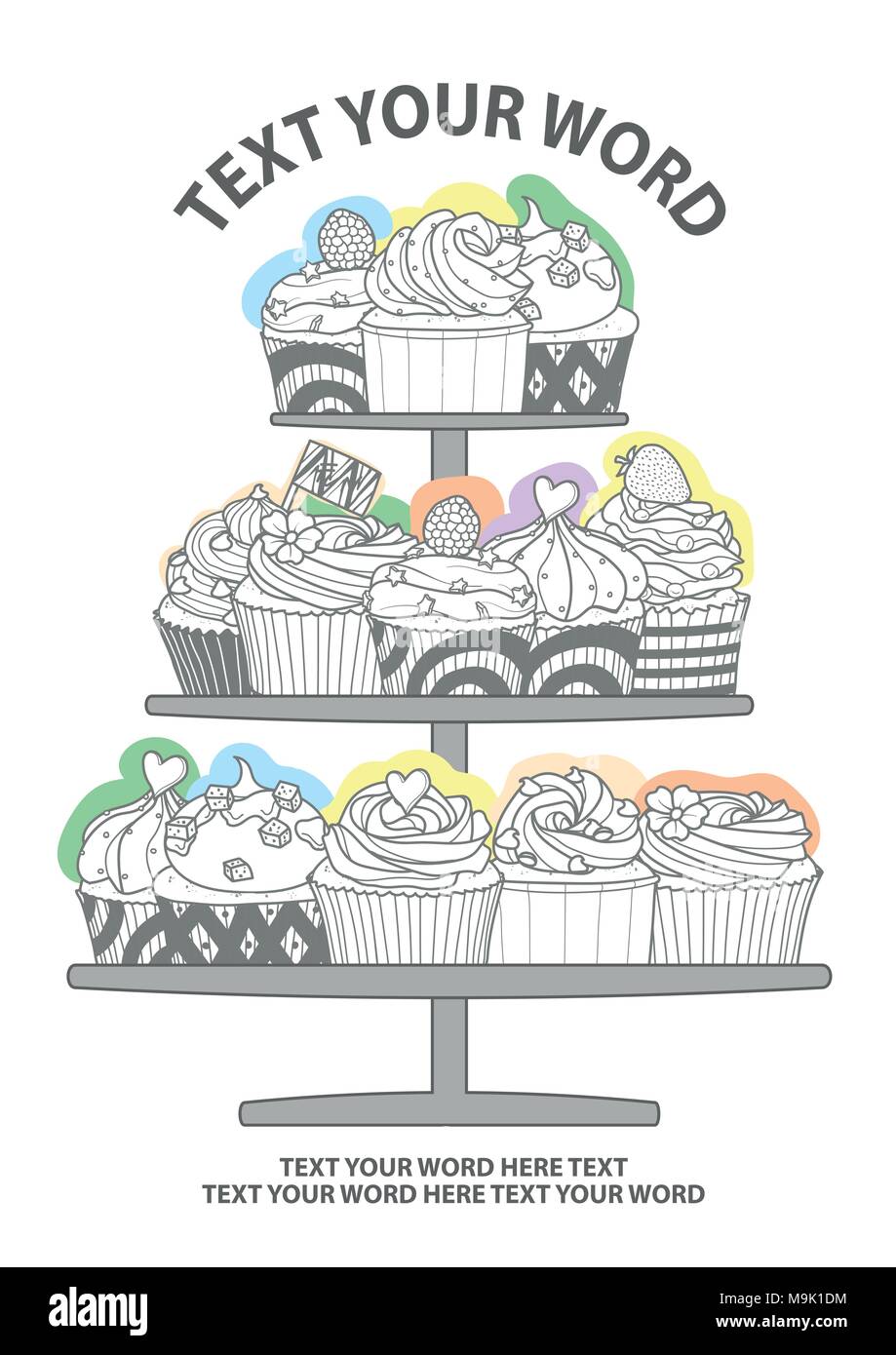 9 styles de cupcakes en contour gris et pastel avion mis en position sur fond blanc et de l'espace pour le texte. Affiche ou d'arrière-plan dans le vector illus Illustration de Vecteur