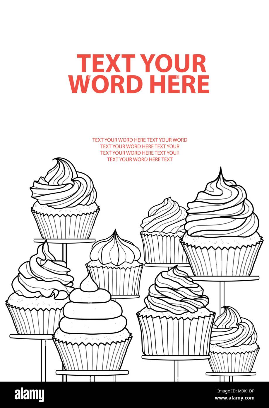 7 styles de cupcakes en contour noir mis en réserve sur fond blanc et de l'espace pour le texte. Affiche ou d'arrière-plan dans l'illustration vectorielle. Illustration de Vecteur