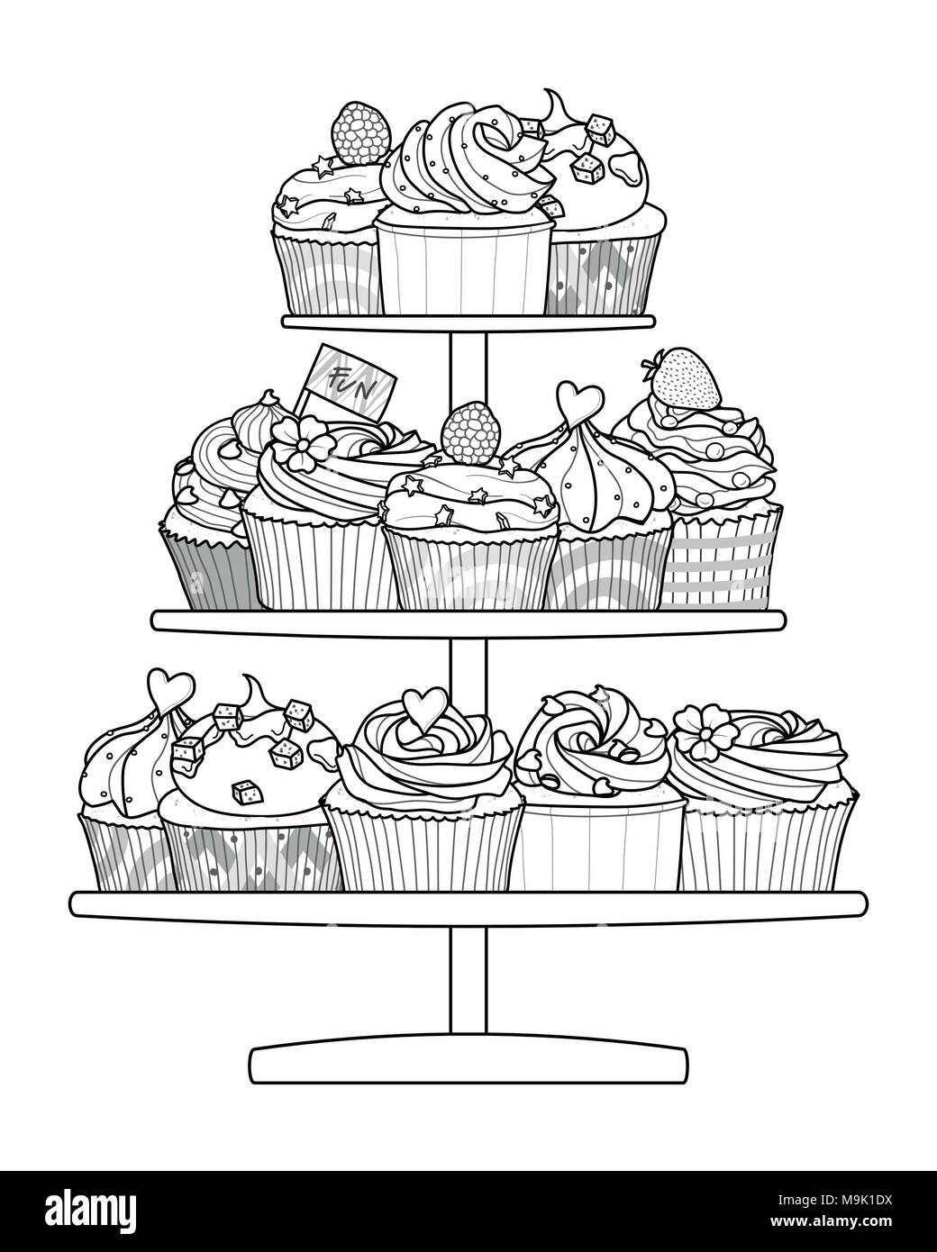 9 styles de cupcakes en contour noir mis en réserve sur fond blanc. La conception d'arrière-plan dans l'illustration vectorielle. Illustration de Vecteur