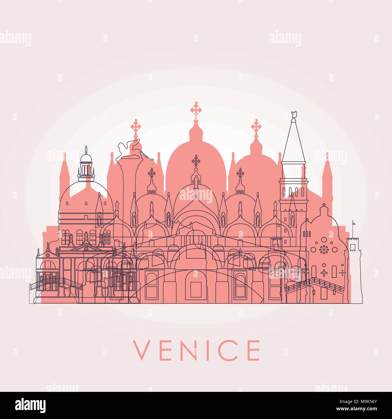 Contours toits de Venise avec repères. Vector illustration. Les voyages d'affaires et tourisme concept avec des bâtiments historiques. Droit de présentation, banne Illustration de Vecteur