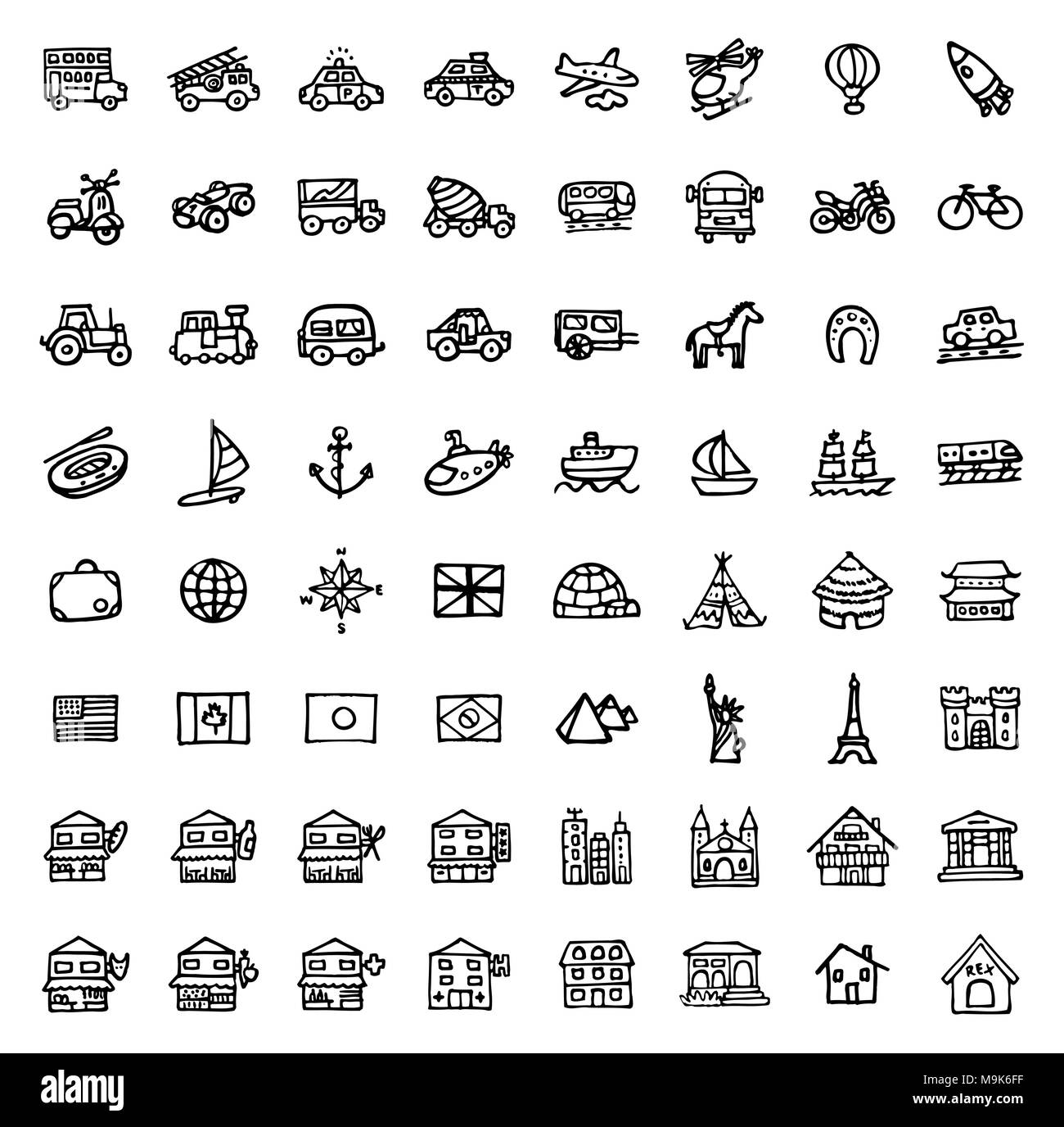 Le noir et blanc à la main icons - Transportation & Architecture Illustration de Vecteur