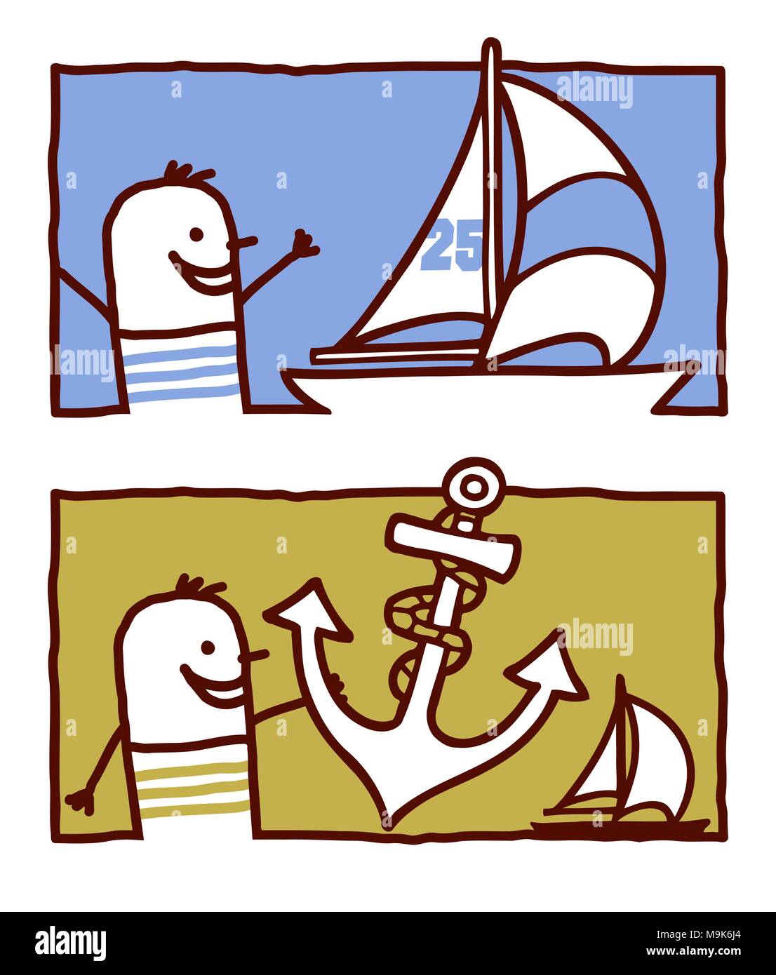 Vector hand drawn cartoon characters - sailor avec yacht & anchor Illustration de Vecteur