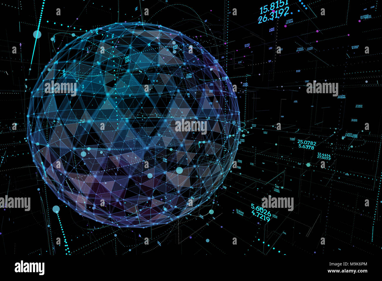 Point et construit la courbe de la sphère wireframe, sens technologique abstract illustration. Réseau mondial. Banque D'Images
