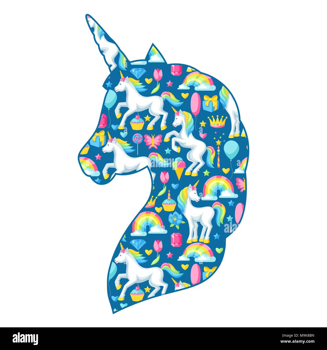 Silhouette of unicorn avec fantaisie articles et objets Illustration de Vecteur