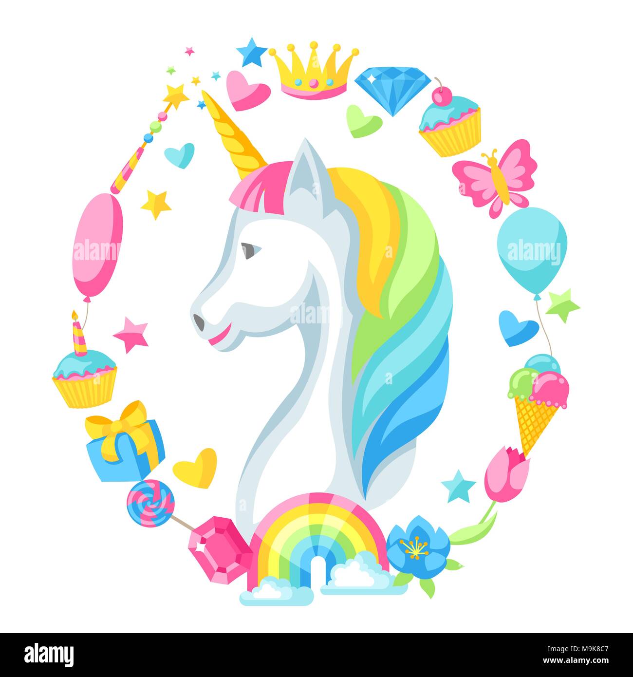 Imprimer la carte ou avec des éléments de fantaisie et unicorn Illustration de Vecteur