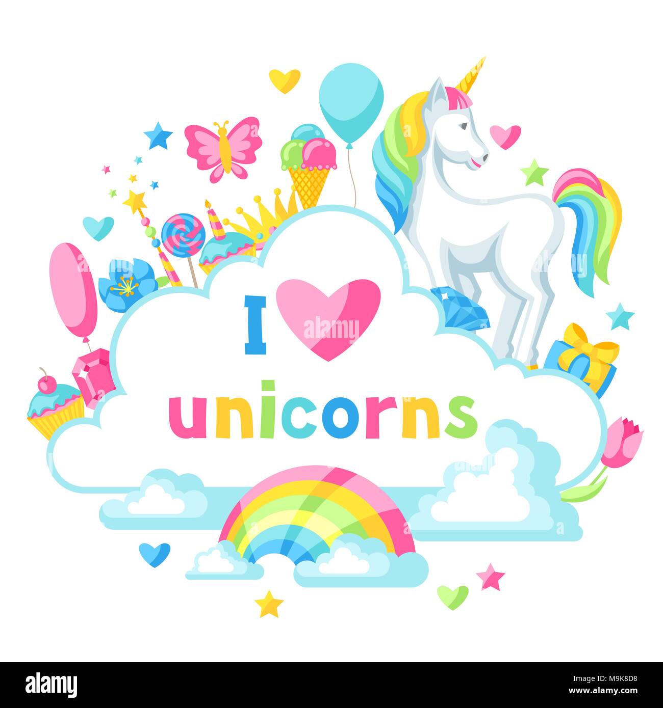 Imprimer la carte ou avec des éléments de fantaisie et unicorn Illustration de Vecteur