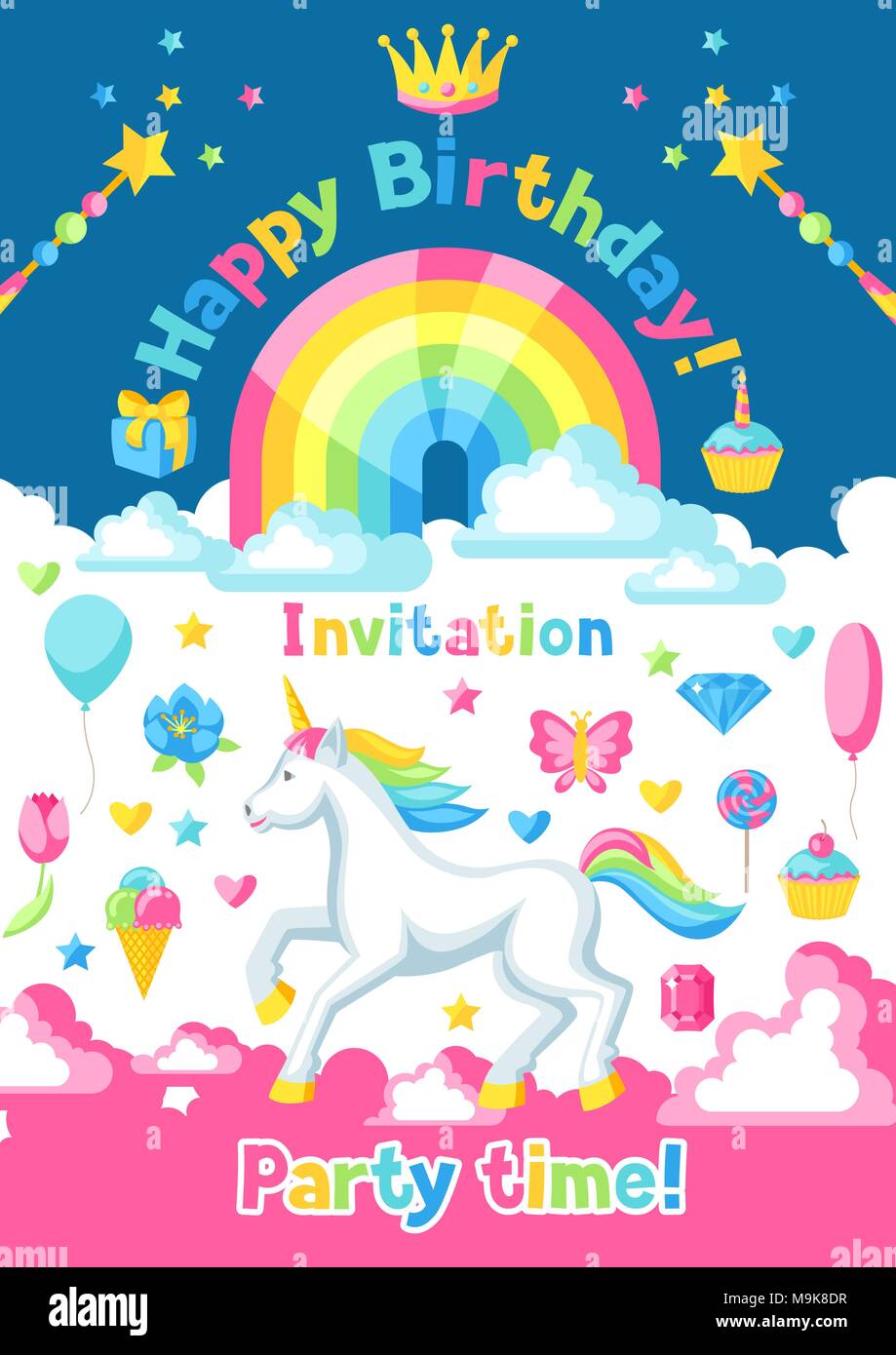 Joyeux anniversaire invitation à une fête avec des éléments de fantaisie et unicorn Illustration de Vecteur