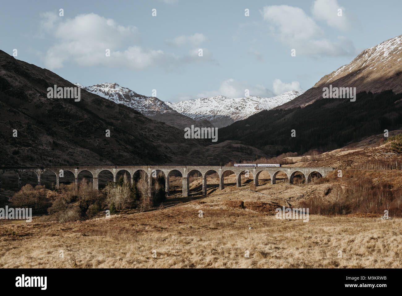 Vue sur viaduc de Glenfinnan avec un train blanc traversant, Glenfinnan, Ecosse, sur une journée de printemps ensoleillée. Banque D'Images