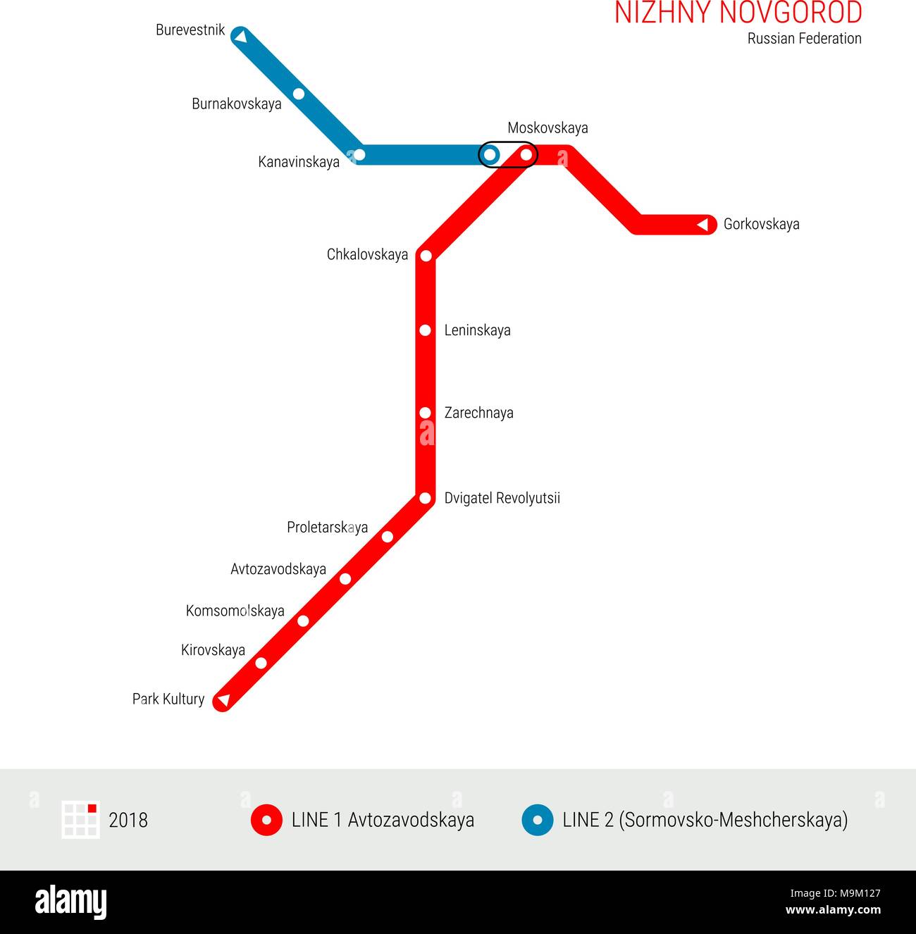 Nizhny Novgorod, Fédération de Russie Vector Plan du métro. Schéma du système de transport en commun rapide de Nijni Novgorod. Plan de métro, plan de métro. Statut actuel - Illustration de Vecteur